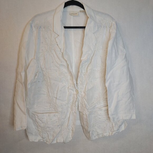 Chico's Linen Blazer Women's XL White Ruched Front Eyelet Mother of Pearl Button - Picture 1 of 15